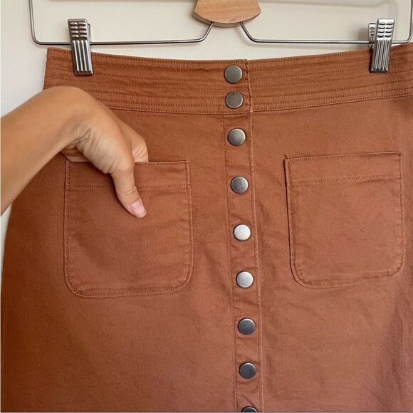 Madewell High Waist Snap Button Skirt Tan Denim Raw Hem Pockets Mini Pencil - Picture 6 of 15